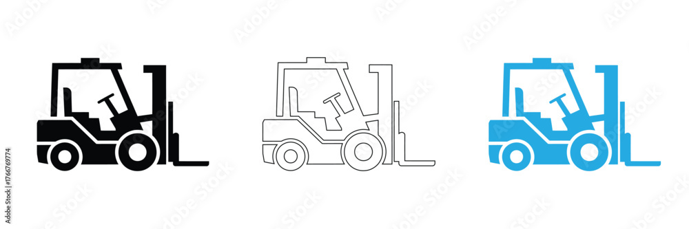 Naklejka premium Sleek forklift icons in black, blue, and outline styles represent efficient logistics and industrial power, perfect for modern business applications.
