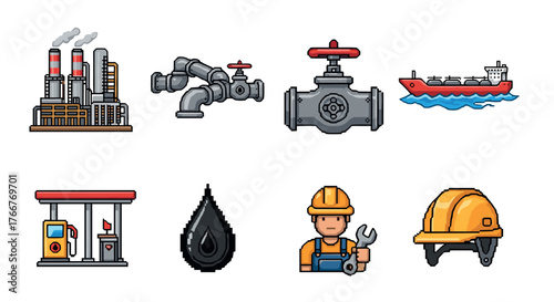 Industrial and petroleum icons in pixel art style featuring oil, gas, and maritime elements