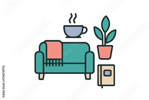 Cozy living room scene with sofa, hot beverage, and indoor plant icon