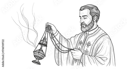 Orthodox priest holding censer in black and white line art