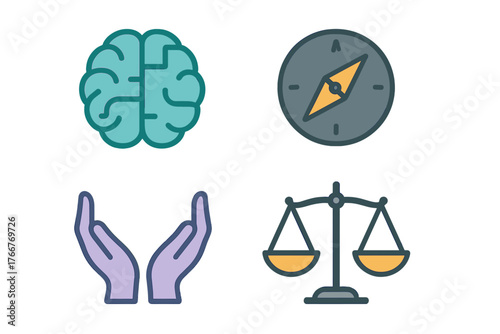 Set of icons representing ethics, guidance, and mental balance concepts