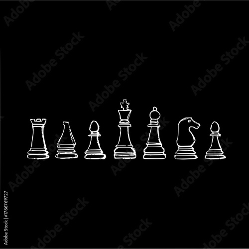 A line of chess pieces in white outline against a black background including rook knight and king piece