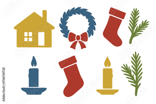 Collection of simple colorful holiday and winter icons for seasonal decoration