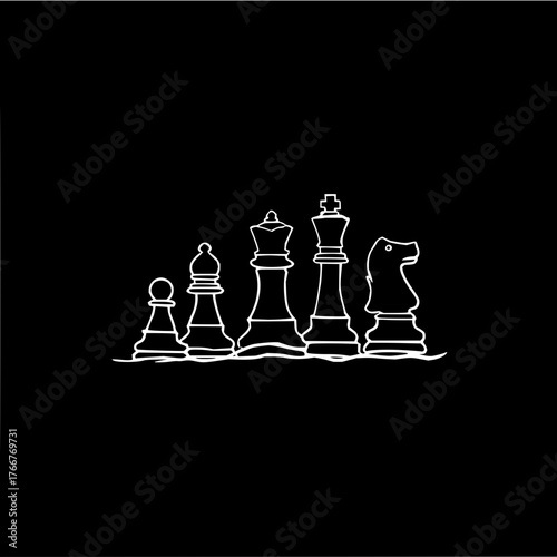 White outline of chess pieces including pawn bishop queen king and knight on a black background