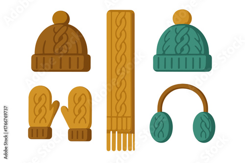 Assortment of cozy knitted winter accessories featuring intricate cable patterns
