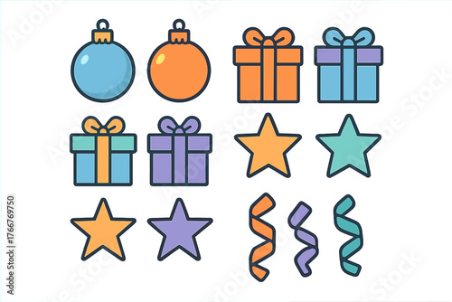 Colorful icons set for holiday celebration featuring ornaments gifts stars and confetti