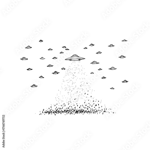 Illustration of multiple ufos hovering above a dense cluster of small dark shapes on a white background