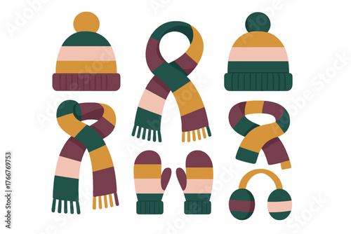 Collection of striped winter knitwear accessories with pom-pom hats and scarves