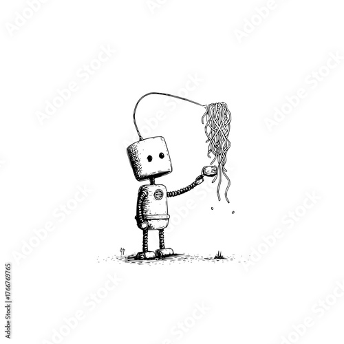 A whimsical illustration of a robot holding spaghetti with a wire connecting to the noodles above it