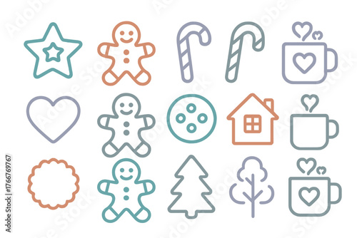 Outline icons set for holiday and winter themes in soft muted colors