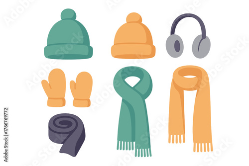 Assortment of colorful winter knit hats mittens scarves and earmuffs accessories