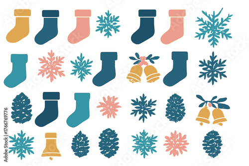 Colorful assortment of winter holiday icons featuring stockings, snowflakes, bells, and pinecones