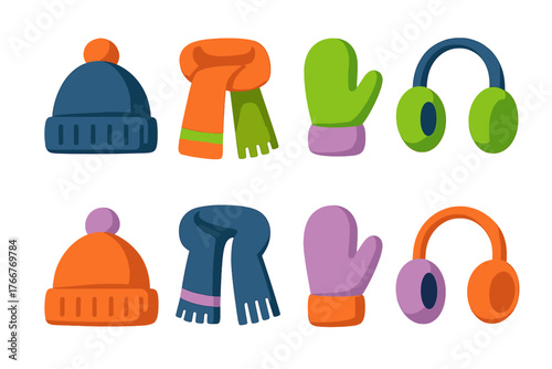 Colorful icons of winter clothing accessories for cold weather activities