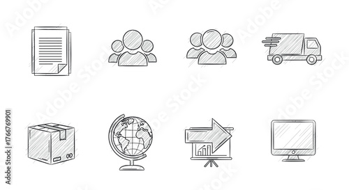 Business and logistics icon set in hand-drawn sketch style