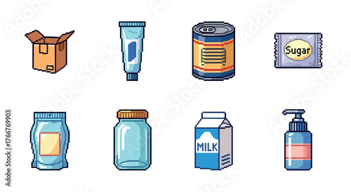 Retro pixel art grocery icons set featuring packaging and food containers