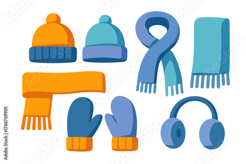 Colorful collection of winter knit hats, scarves, mittens, and earmuffs