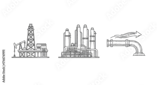 Industrial equipment with oil pump, refinery, and pipeline icons in linear style