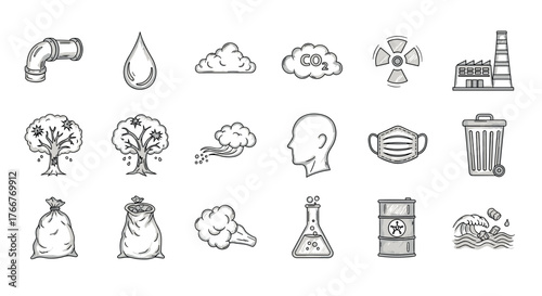 Hand drawn eco and pollution icons featuring environmental elements