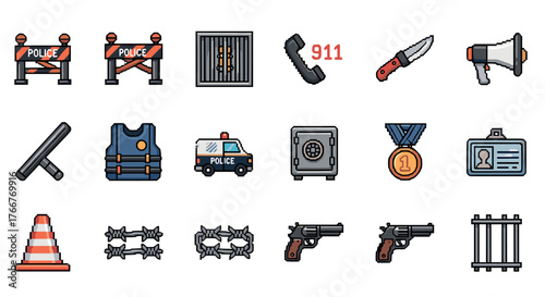 Police and crime icons in pixel art style - set of 18 detailed elements