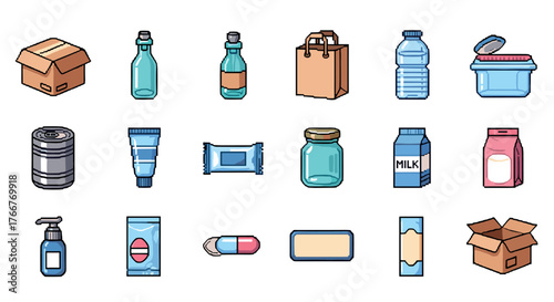 Collection of pixel art packaging icons: bottles, boxes, and containers
