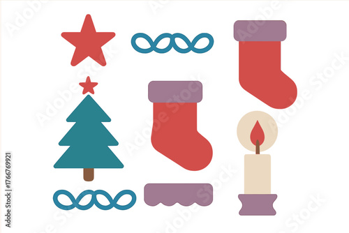 Simple set of essential Christmas holiday symbols like tree stocking star and candle
