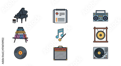 Musical instrument icons set featuring piano, vinyl record, and amplifier in flat design