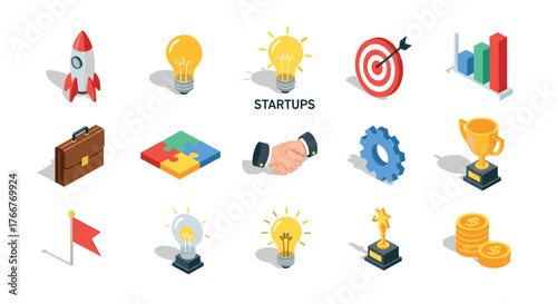 Modern isometric business icons for startups and innovation projects