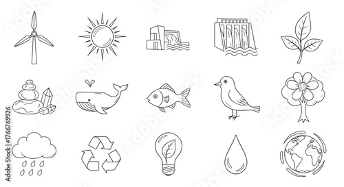 Eco-friendly doodle icons set featuring nature, energy, and sustainability themes