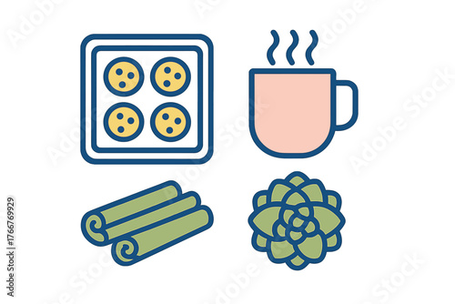 Baking and cozy elements icons set with cookies, hot drink, cinnamon sticks, and succulent