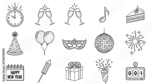 Outline icons of new year celebration elements: party hats, fireworks, and festive symbols