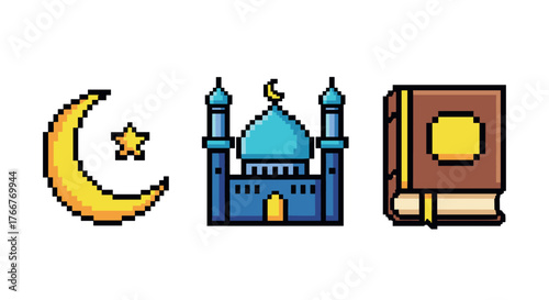 Pixel art islamic symbols: crescent, mosque, and quran book
