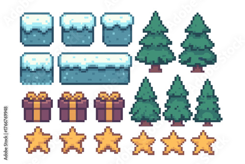 Pixel art winter game assets with snow blocks, pine trees, gifts, and stars