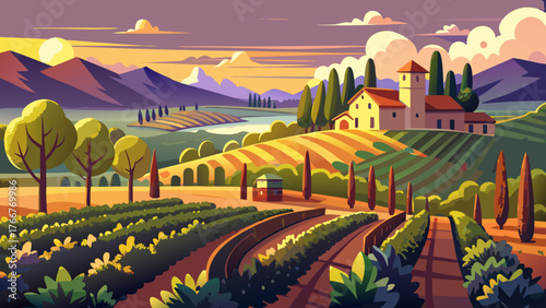 Very beautiful, vineyards with grapevine and winery along wine road in the evening sun, Europe, golden light over rolling hills, peaceful countryside, and charming rural atmosphere.