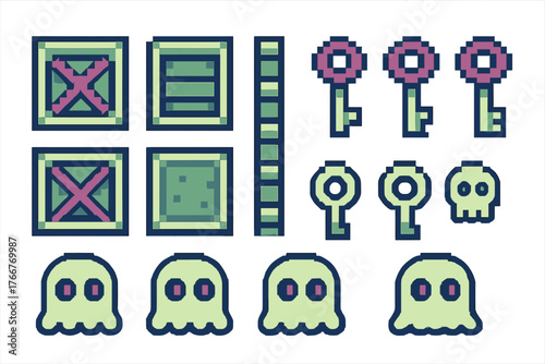 Pixel art game icons featuring crates, keys, ghosts, and skull shapes