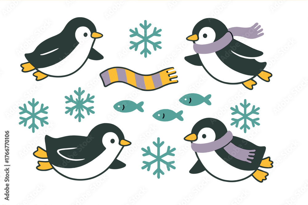 Obraz premium Adorable cartoon baby penguins wearing scarves surrounded by falling snowflakes and small fish icons
