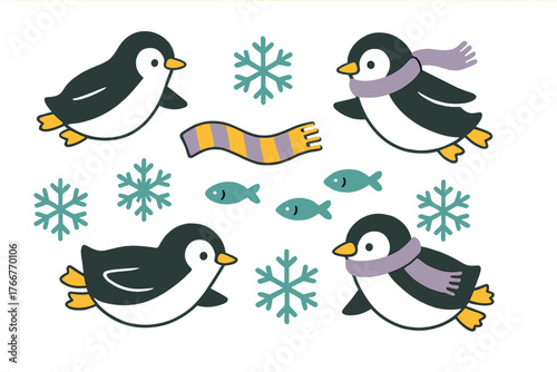Adorable cartoon baby penguins wearing scarves surrounded by falling snowflakes and small fish icons