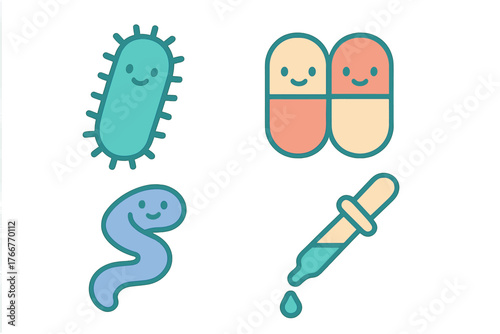 Set of cute microbe capsule and dropper icons for health and science concepts
