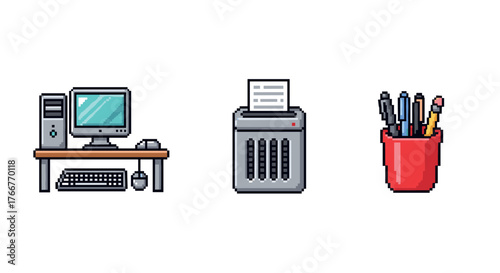 Pixel art office items: computer, paper shredder, and pen holder collection