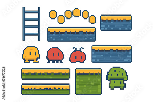 Pixel art game assets featuring platform blocks, ladder, coins, and characters