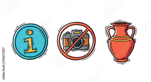 Hand drawn icons: information, no photography, vase on white background