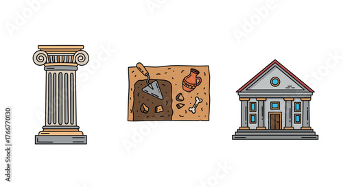 Ancient architecture and archeology icon set with column, excavation artifacts, and historical building