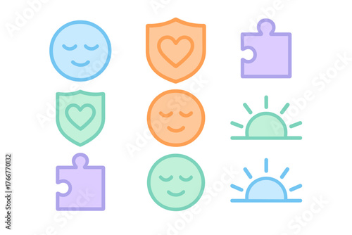Set of colorful icons representing mental health and wellbeing concepts