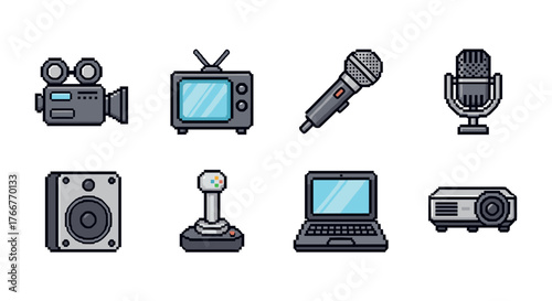 Retro pixel art of vintage technology gadgets: tv, microphone, laptop, and more