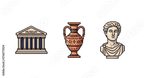 Pixel art of roman museum icons: temple, vase, and bust in retro style