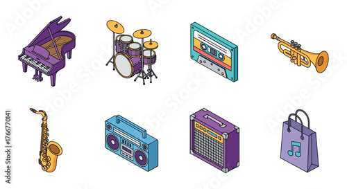 Music instrument isometric set with piano, drums, saxophone, and more