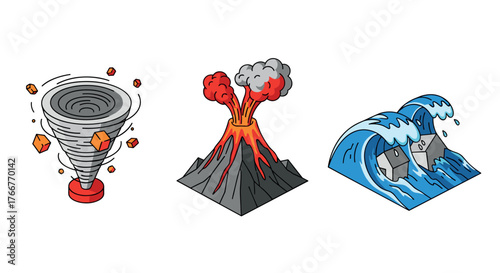 Stylized natural disaster icons: tornado, volcano, tsunami with 3d design