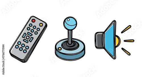 Colorful retro gaming icons: remote, joystick, and speaker in hand-drawn style