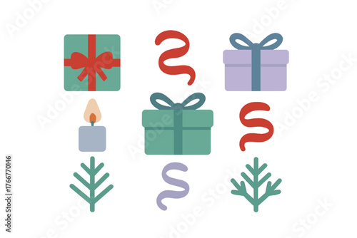 Simple holiday icons featuring wrapped gifts, candle, and stylized pine branches
