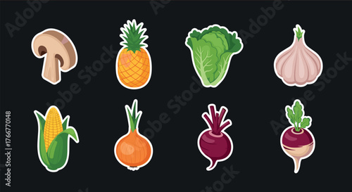 Colorful vegetable and fruit stickers on dark background for creative designs
