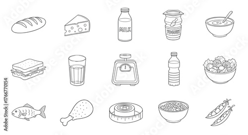 Line art icons of food and drinks: bread, cheese, milk, yogurt, scale, fish, salad, chicken, peas